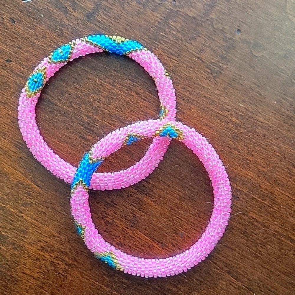 Set of 2 Pink, Blue Pattern Roll Over Handmade Glass Beaded Crochet Bracelet